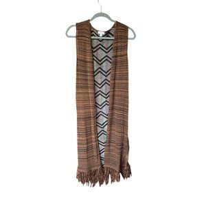 Boho Knit Fringe Vest‎ Open Front Sleeveless Chevron Back Multicolor Size L